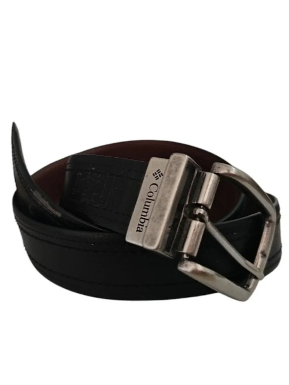 Columbia Reversible Leather Belt Men 38 Black Brown Silver Buckle Casual Neutral